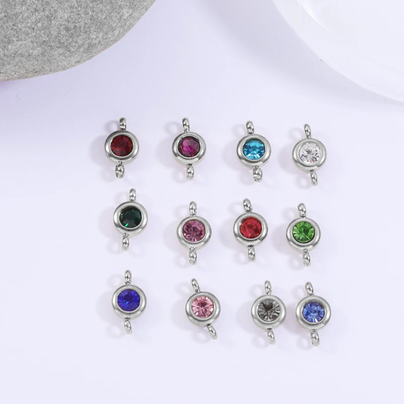 Rumnvnty 12pcs Stainless Steel DIY Birthday Stones 12 Months Birthstone Charms Double Hole Sliver Color DIY Necklace Bracelet