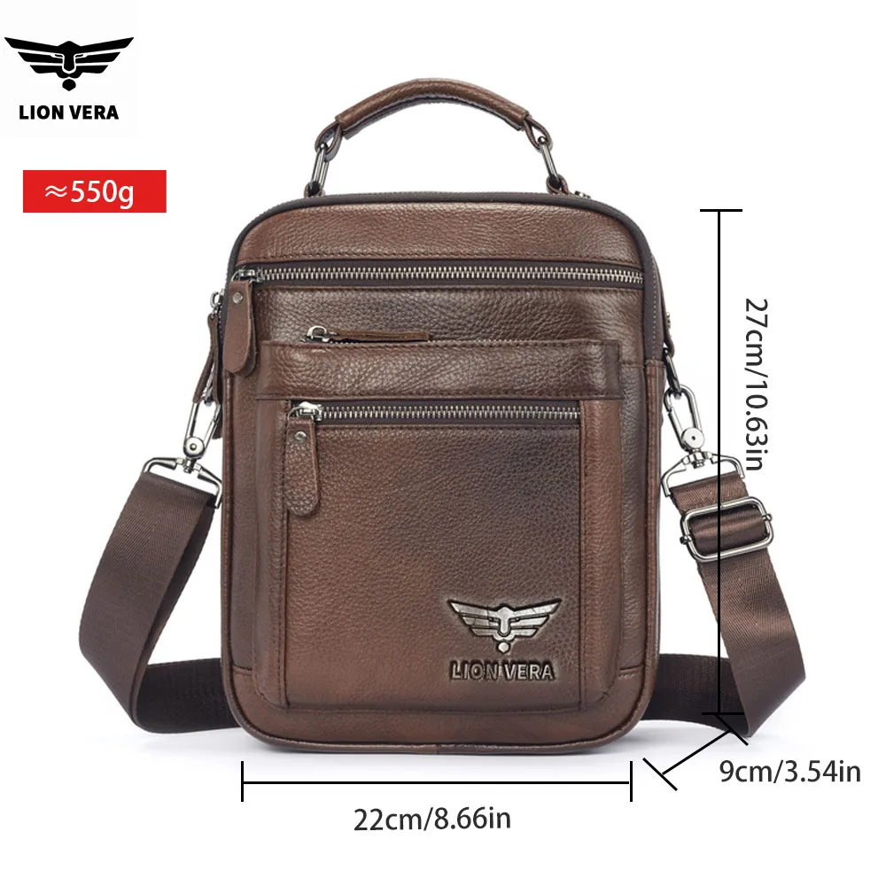 LION VERA Men's Shoulder Bag Casual Mobile Phone Zipper Bag Large Capacity Business Genuine Leather Travel Crossbody Bag view 2