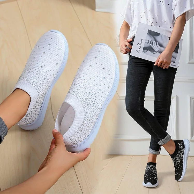 Plus Size 35-44 Crystal Breathable Mesh Sneaker Shoes for Women Comfortable Soft Bottom Flats Non Slip Casual Shoes Women