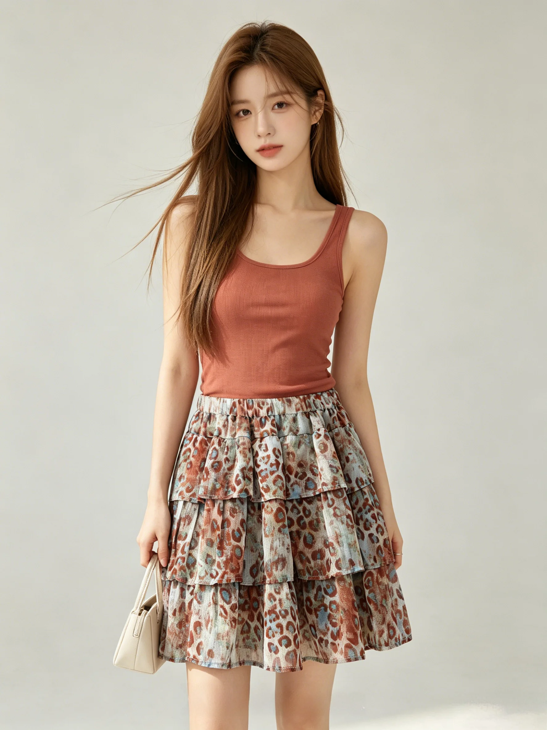 

High Waist A-Line Skirt Women's Cake Skirt Lace Trim Leopard Print Summer Slimming Korean Style Breathable Skin-Friendly