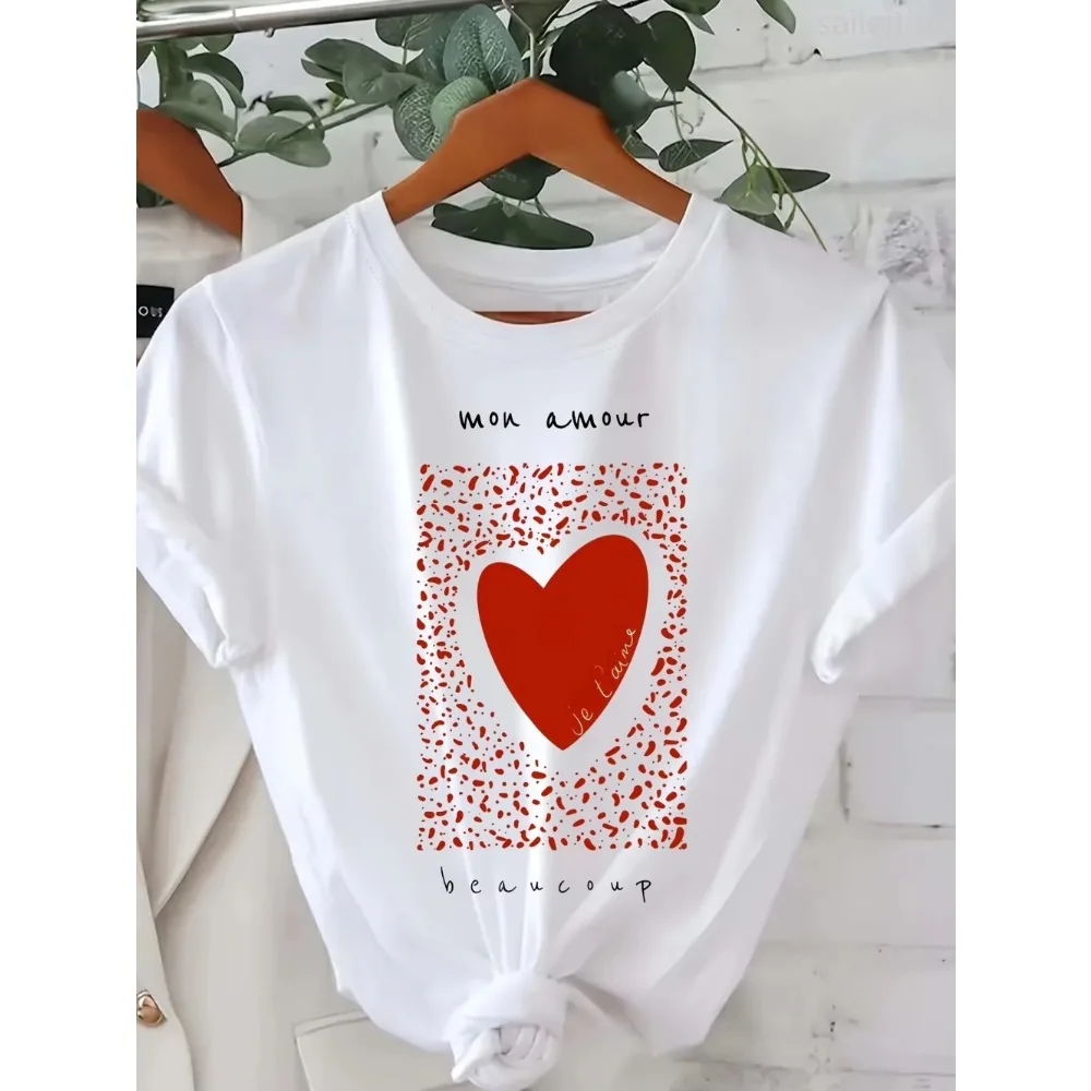 Men Women Casual Short Sleeve T-Shirt with Red Dotted Heart Graphic Print Summer Short Sleeved Harajuku Streetwear Tops Tees Y2K