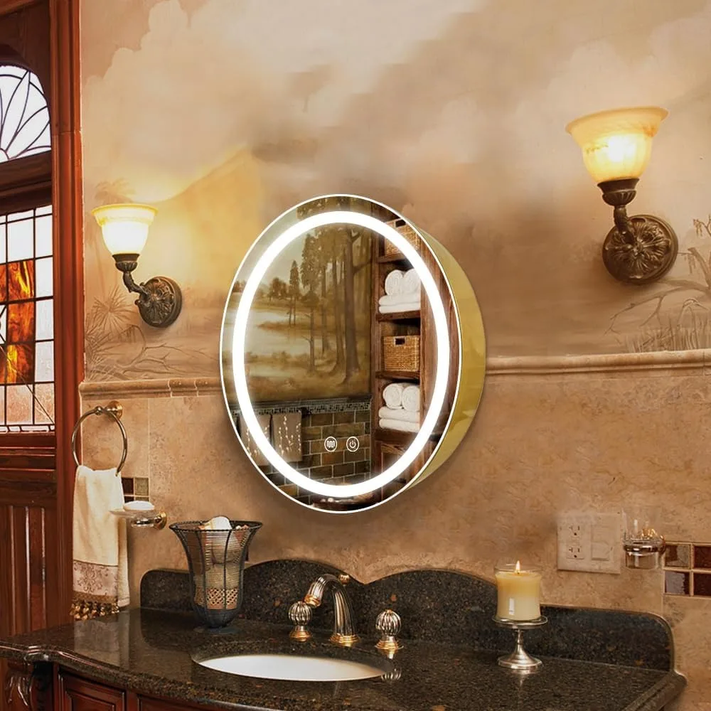 Round mirror cabinet, LED light mirror cabinet with defogger, bathroom lighting mirror cabinet, dimmable, anti-fog, 3 colors