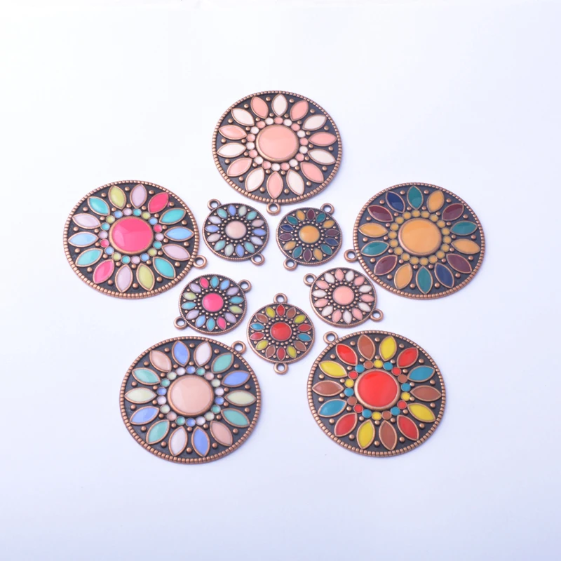 10 Stück Emaille-Rundanhänger aus Legierung, bunt, antikrot, Anhänger-Verbinder für DIY-Schmuck- und Ohrringherstellung – Detail 1