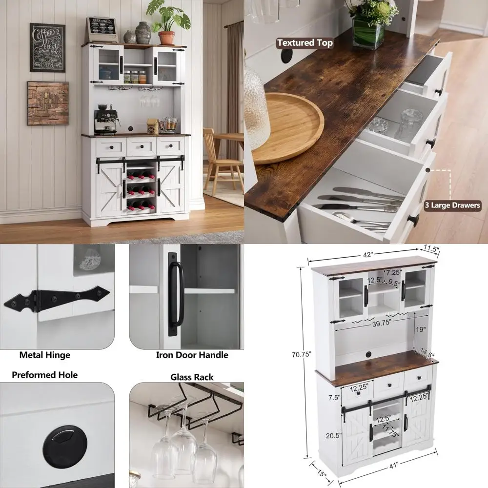 슬라이딩 헛간 문, 유리 선반 및 서랍이 있는 소박한 흰색 농가 스타일 와인 캐비닛