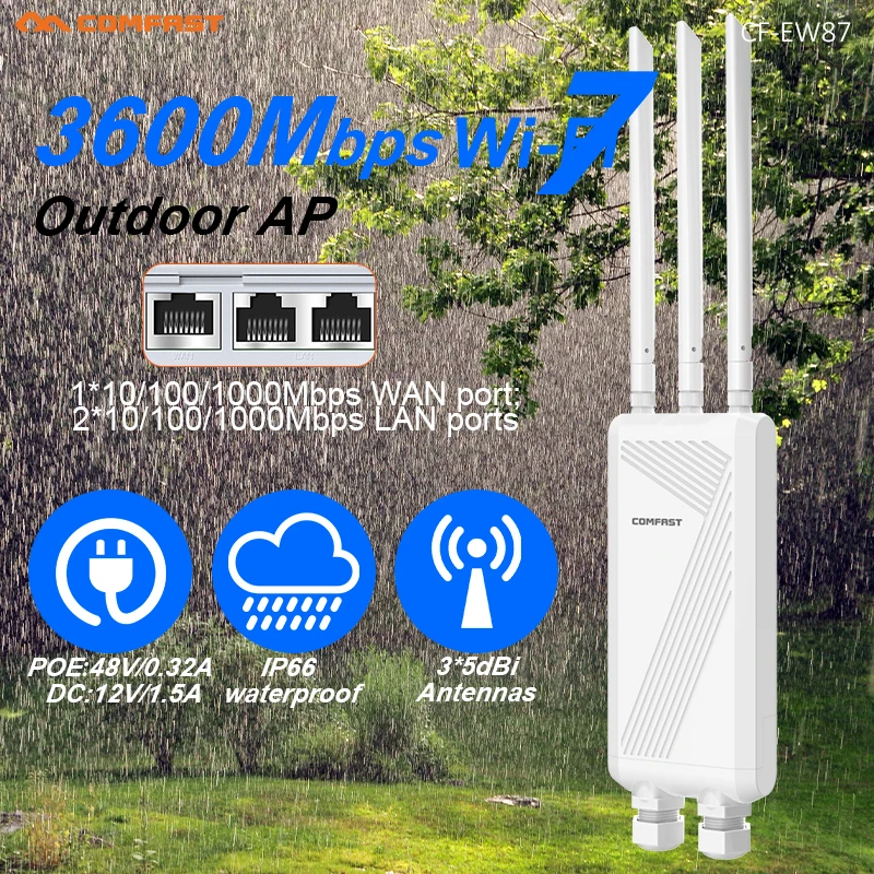 

Comfast Outdoor WiFi7 3600Mbps Wireless AP With 3*5dBi Antennas 48V POE/12V DC Powered IP66 Waterproof 2.4G/5.8G Access Piont