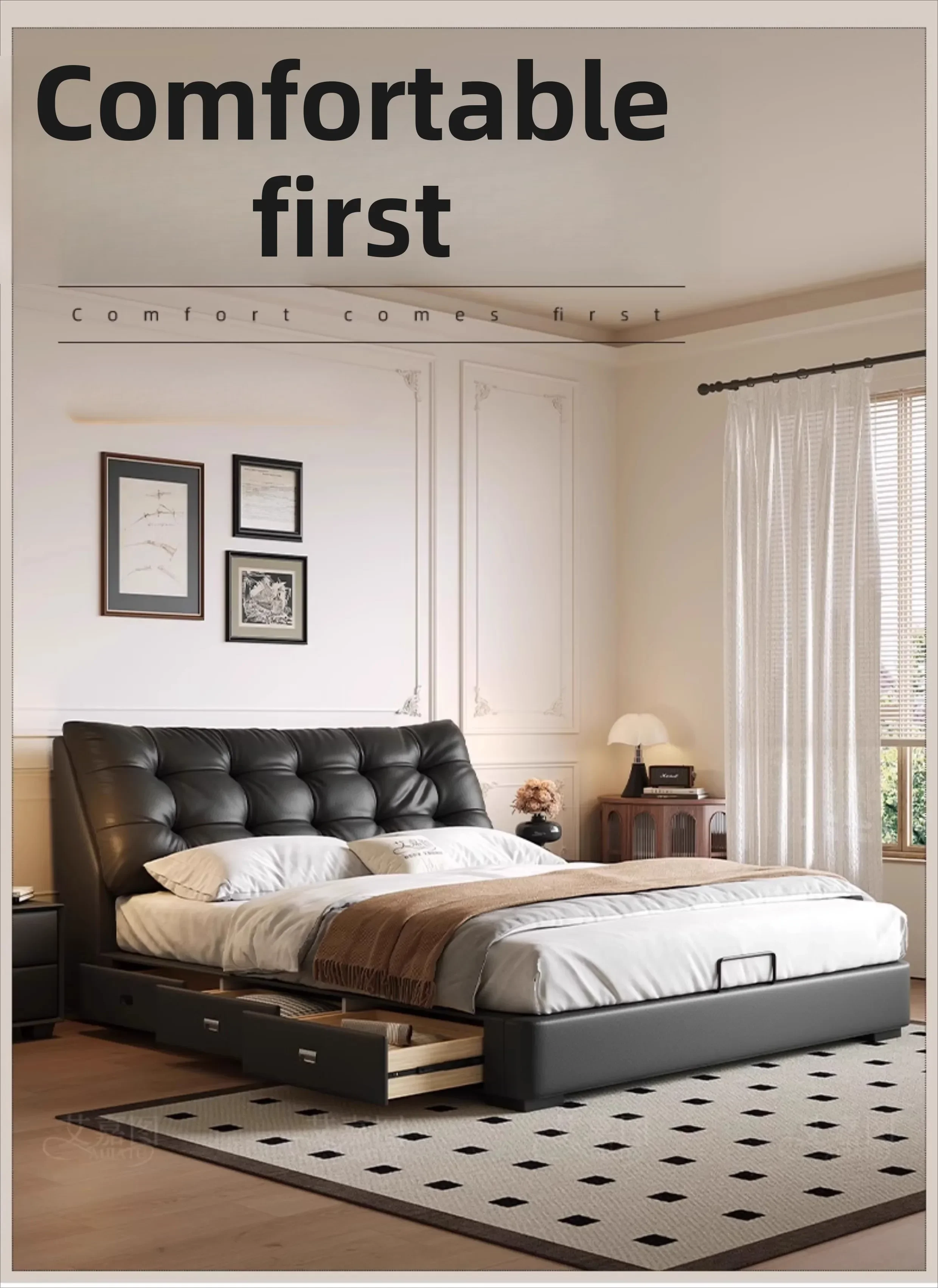 

Leather Italian minimalist cowhide soft bed master bedroom modern minimalist storage double