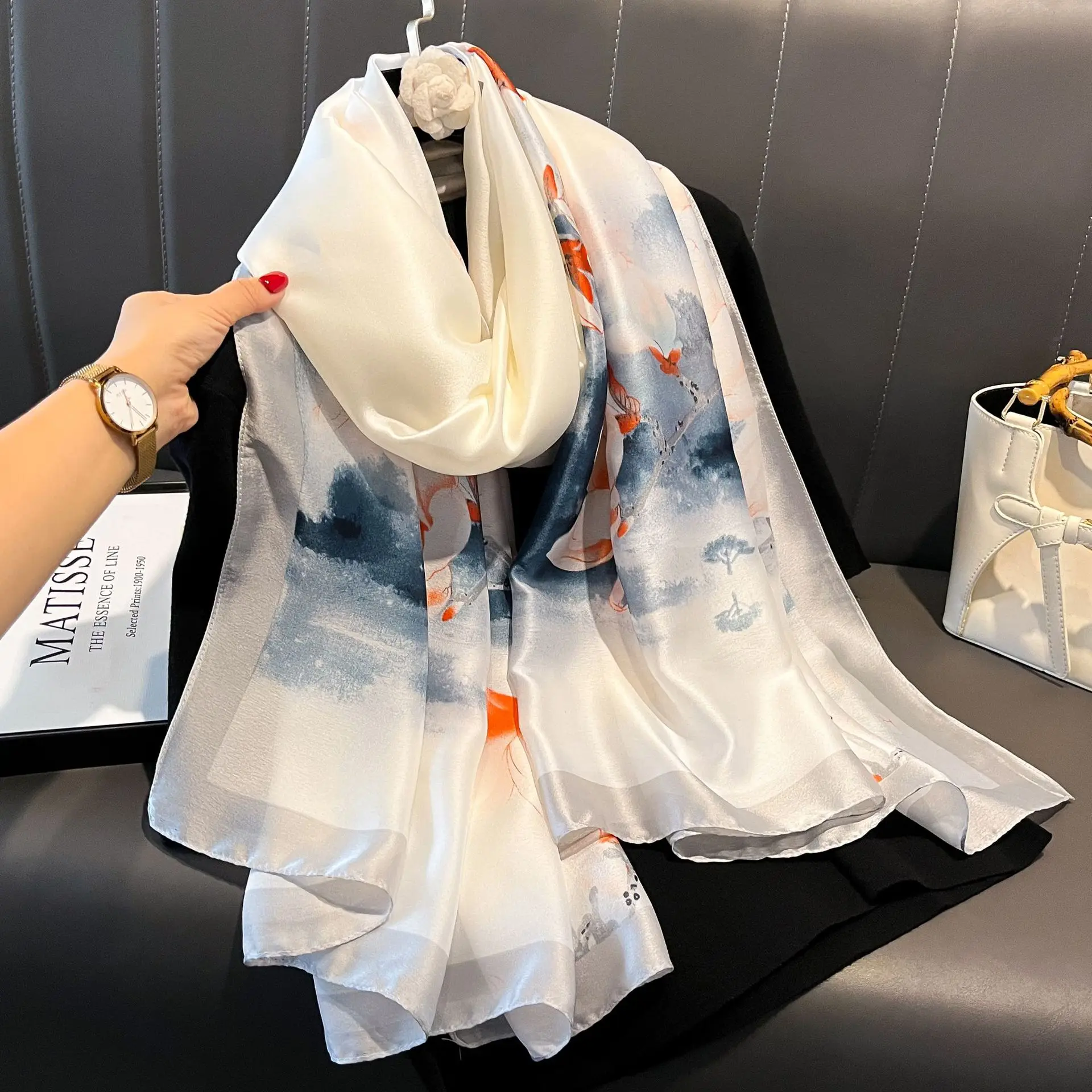 Summer new new silk satin long scarf fashionable versatile printed shawl light breathable sunscreen silk scarf women