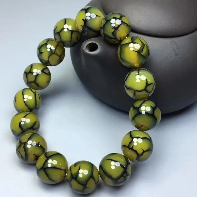 

New Natural Silk-twisted Yellow Dragon Pattern Ice Flower Agate Bracelet Buddha Beads for Men and Women, Popular Jewelry