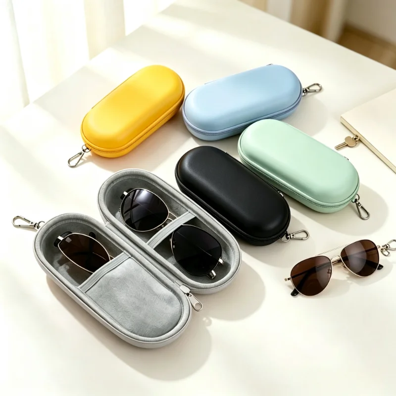 Dual Compartment EVA Sunglasses Case Hard Shell PU Zipper Glasses Storage Box with Carabiner Hook Hold Eyewear for Travel