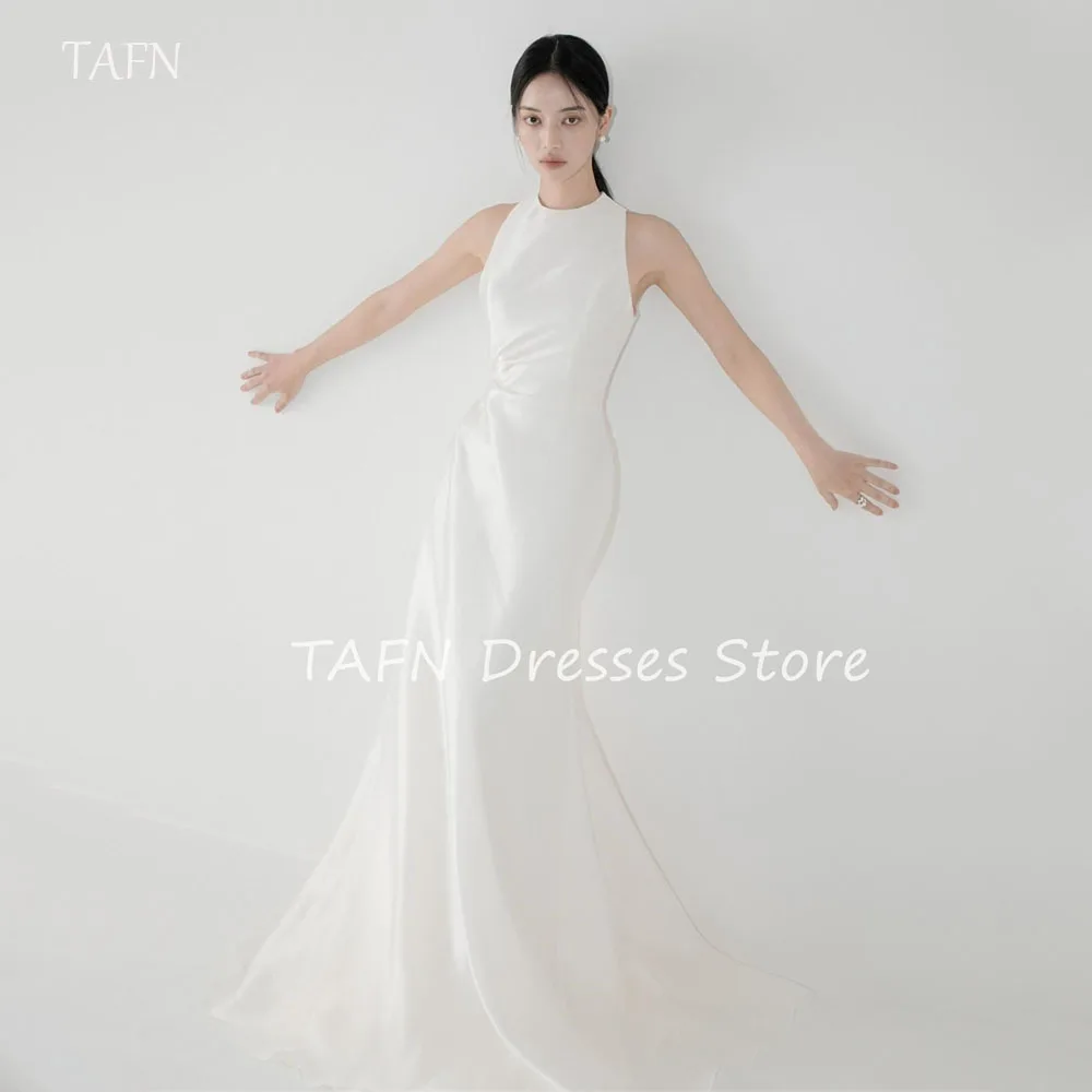 

TAFN Elegant O-Neck Sleeveless Wedding Dresss Korea Photo Shoot Satin Mermaid Long Bridal Gown Corset/Zip Back 웨딩드레스 Custom Made