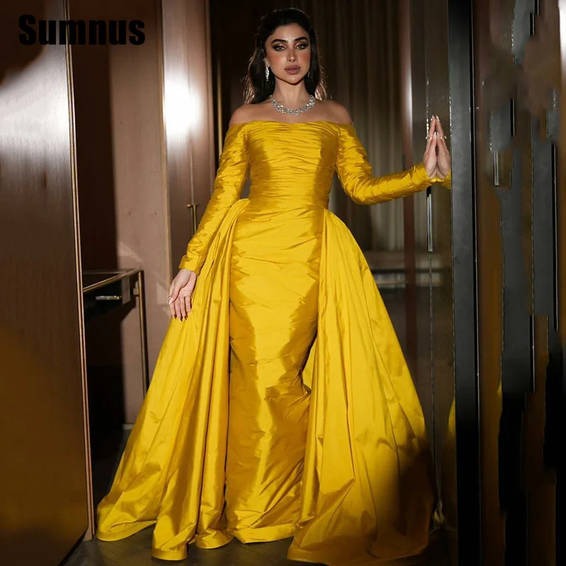 

Sumnus Simple Mermaid Evening Dresses Off Shoulder Long Sleeves Floor Length Prom Dresses فساتين سهرة Customized