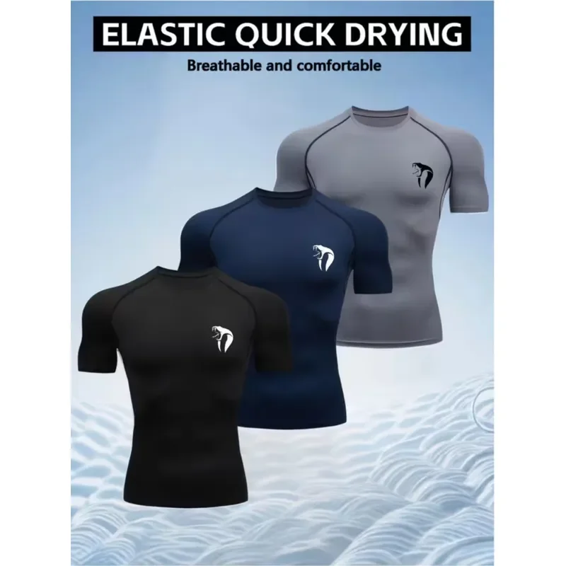 3PCS Fashion Fitness Three-Piece Printed Body Sculpting Compression T-Shirt Set Short Sleeve Crew Neck Breathable