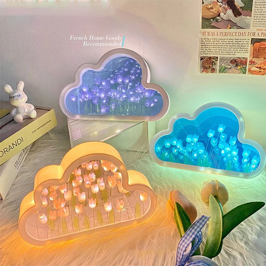 Cloud Mirror Tulip Sea Of Flowers Night Light DIY Handmade Creative Birthday Gift LED Night Light To Send Girls Girlfriends Blue