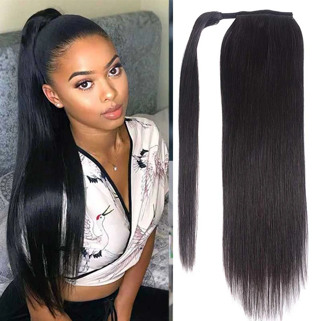 Long Hair Ponytails Straight Human Hair Wrap Around Ponytail Natural Color Remy Hair Clip in Ponytail Extension for Women AliExpress 200165144