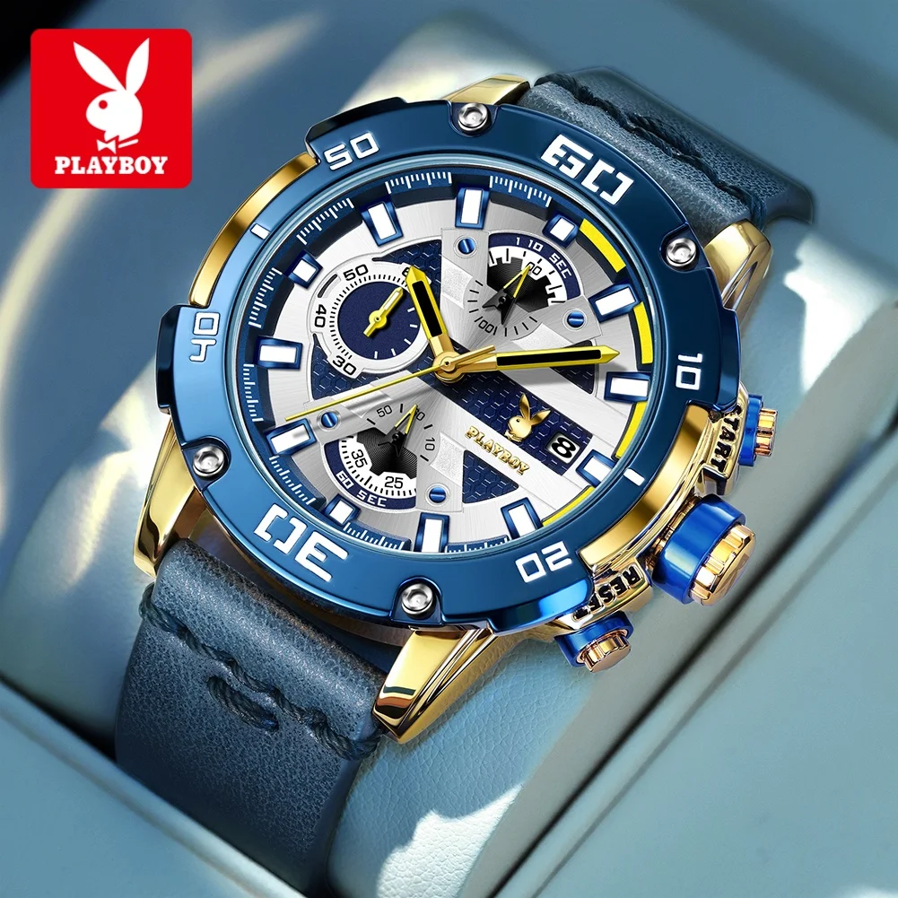 

PLAYBOY 3520 Brand Original Authentic Multifunctional Calendar Chronograph Leather Strap Luminous Quartz Men's Watch