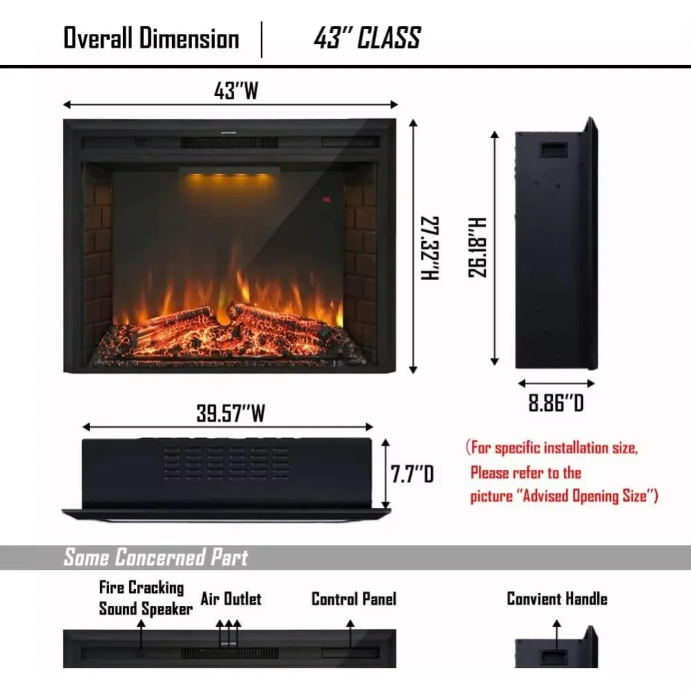 Fireplaces, Retro Recessed Fireplace Heater, Fire Cracking Sound, Remote Control & Timer, 750/1500W, 43'' Electric Fireplaces