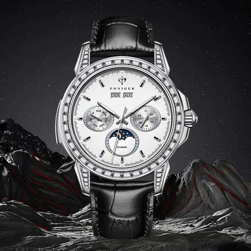 PONIGER New Men Watch Automatic Movement Luxury Diamond Bezel Clock Multifunction Stainless Steel Case Waterproof Luminous Watch