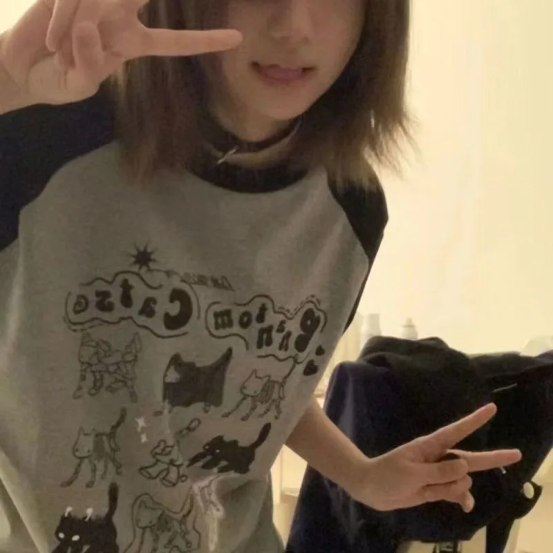 

Japanese retro cartoon print gray black splicing short-sleeved T-shirts Harajuku kawaii preppy Tees women's oversize loose tops