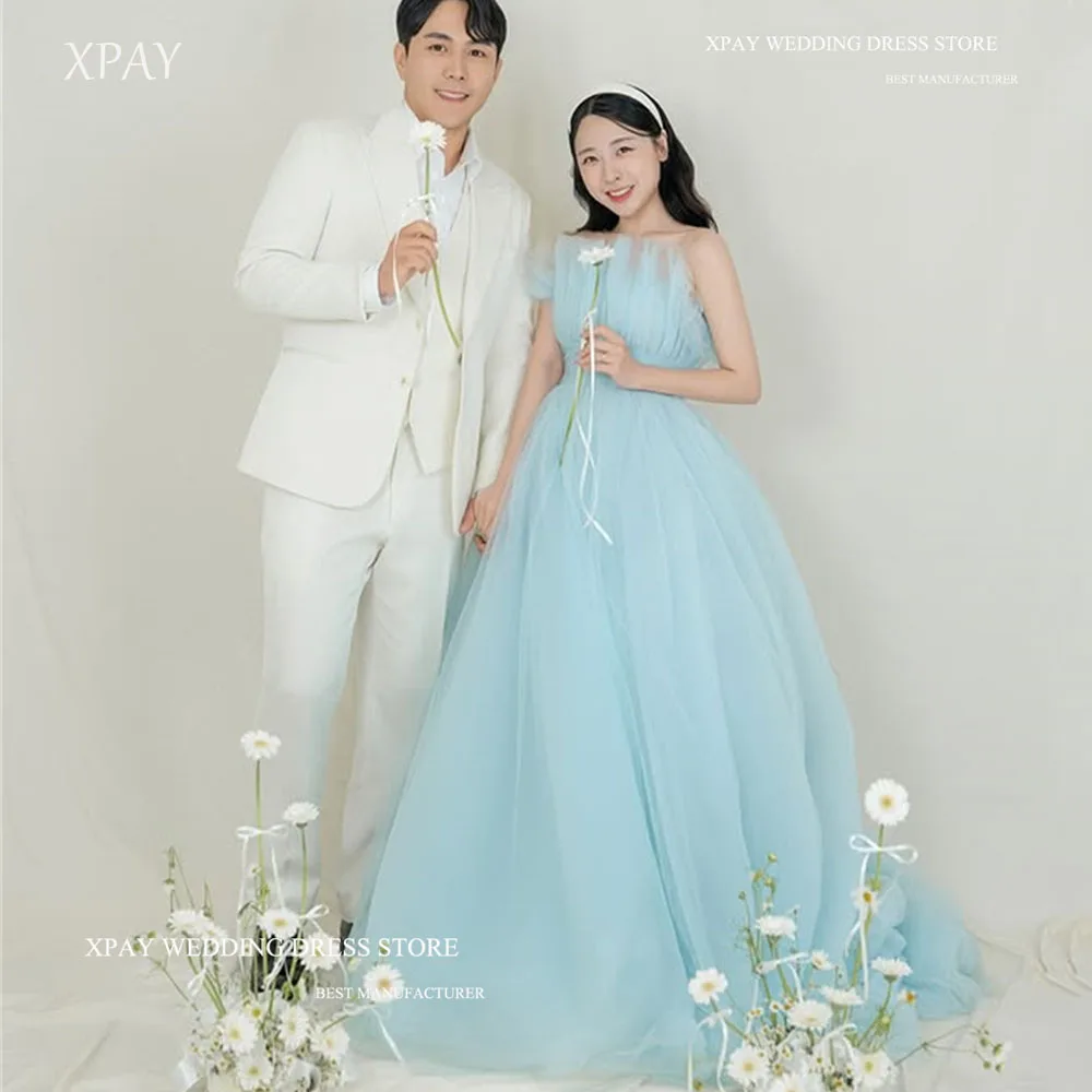 

XPAY Soft Blue Ball Gown Strapless Pleat Korea Evening Dresses Birthday Portraits Tiered Tulle Wedding Photos Shoot Customize