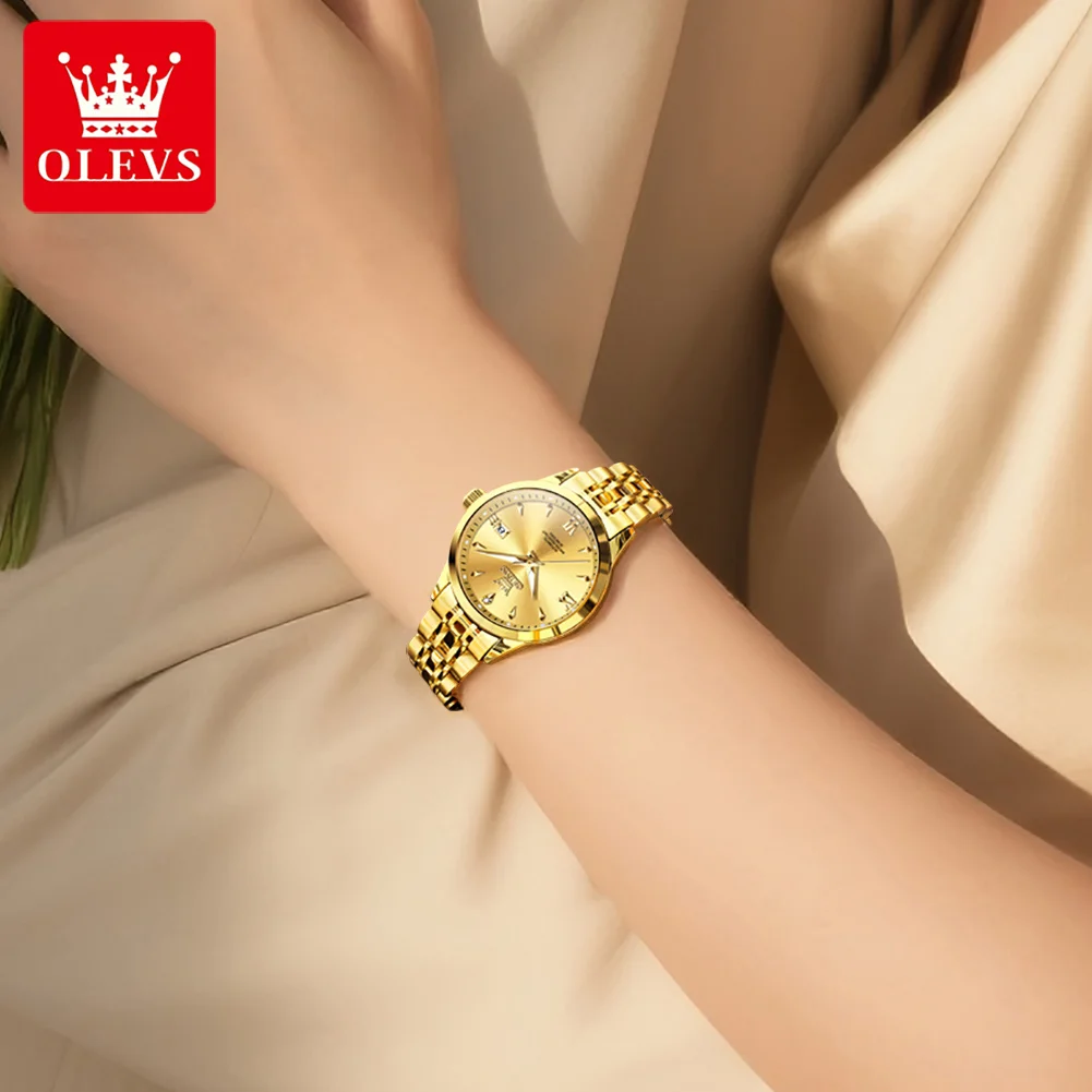 OLEVS Jam Tangan Mekanis Otomatis Wanita Emas Elegan Modis Jam Tangan Wanita Merek Asli Baja Tahan Karat Tahan Air Sederhana Tanggal