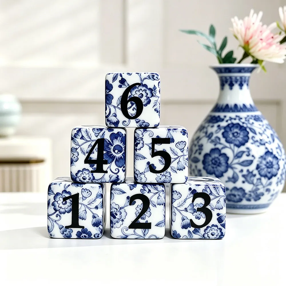 12Pcs D6 Dice, Chinese Blue And White Porcelain Floral Pattern Square Number Dice, Acrylic Six-Sided Dice For DND RPG Tabletop