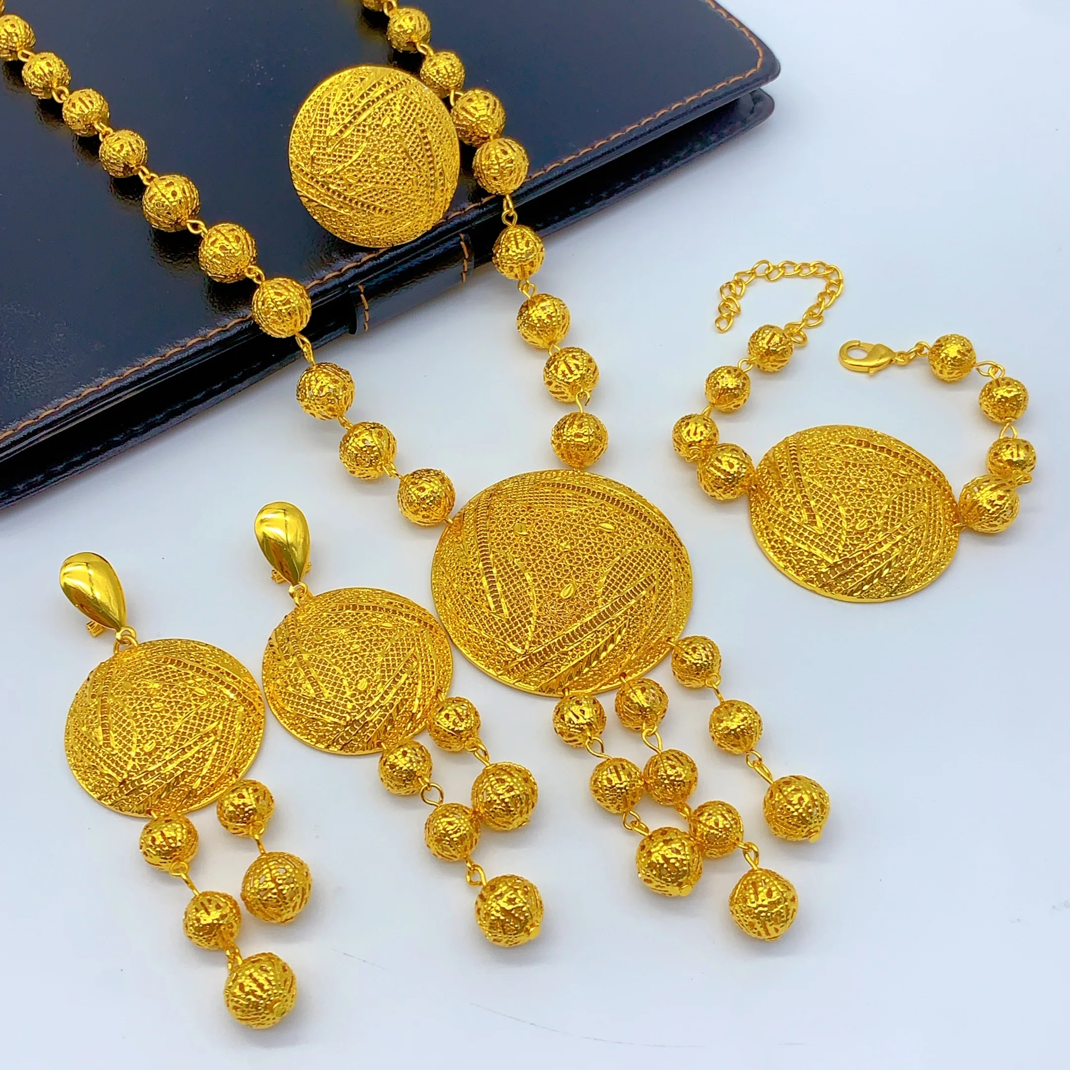 Dubai Long Necklace Earrings Jewelry Sets For Women Bead Design 24K Gold Plated Wedding Bracelets Indian Rings Bridal Gift