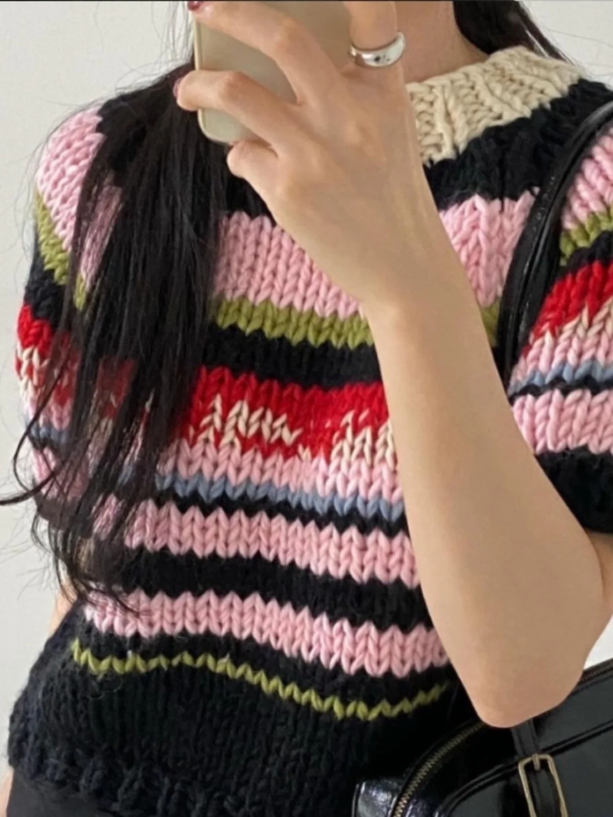 Rainbow Stripes Knitted Sweater Women's Chic round Neck Short Sleeve Slim Fit Autumn Winter New Style Casual Fashion Knitwear
