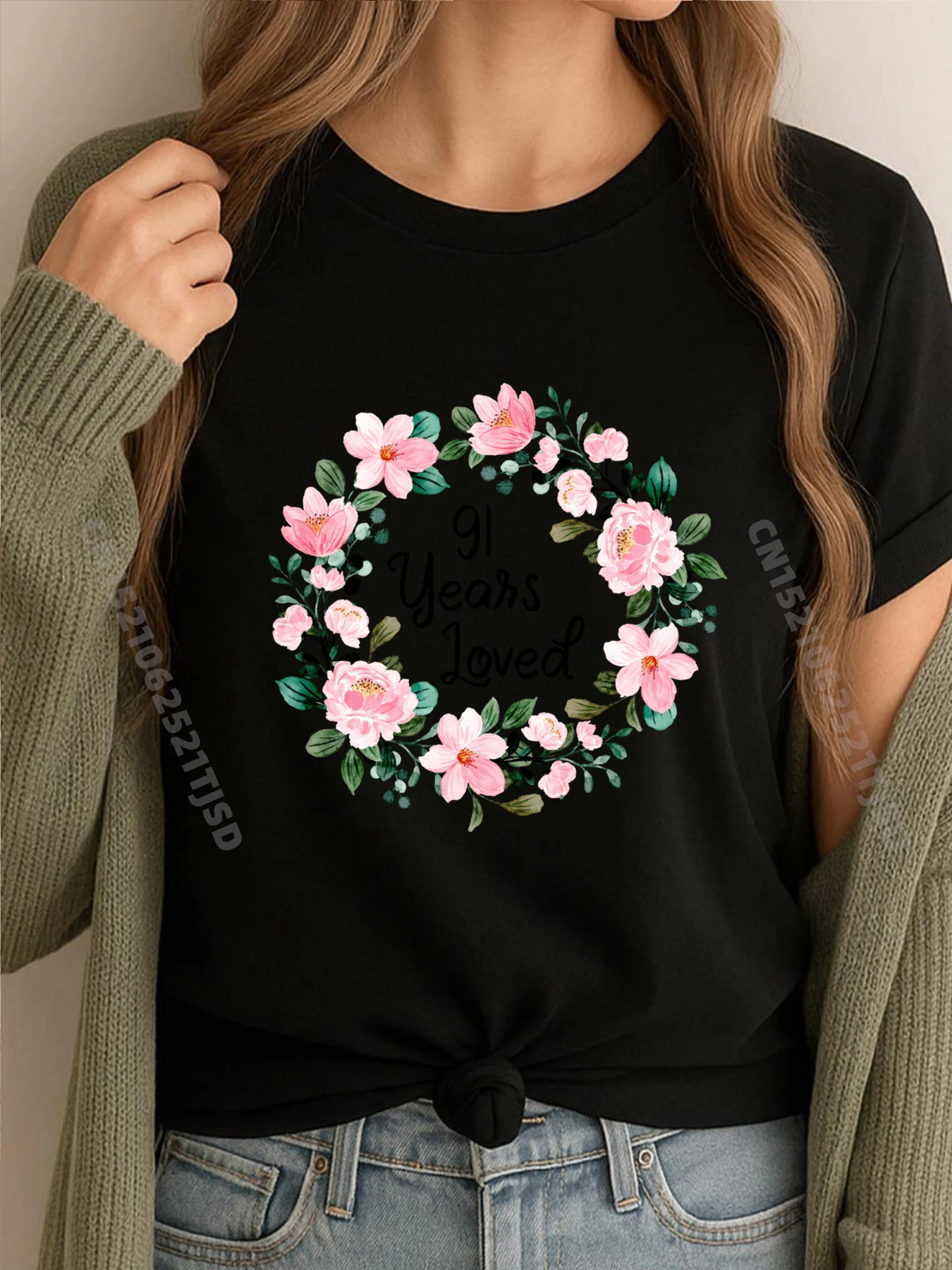 

91 Years Loved Woman 91 Years Old Floral 91st Birthday Funny T Shirts Autumn T-Shirts