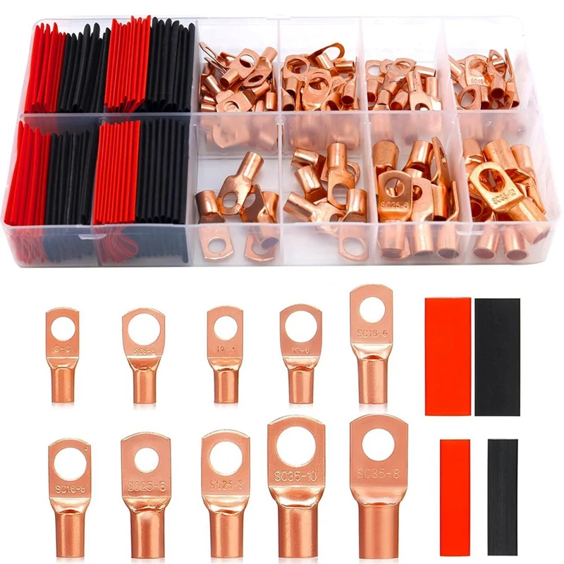 160Pcs Battery Terminal Connectors Kit AWG 2 4 6 8 10 12 Wire Connectors Set With Heat Shrink Tubing, Copper Wire Lugs