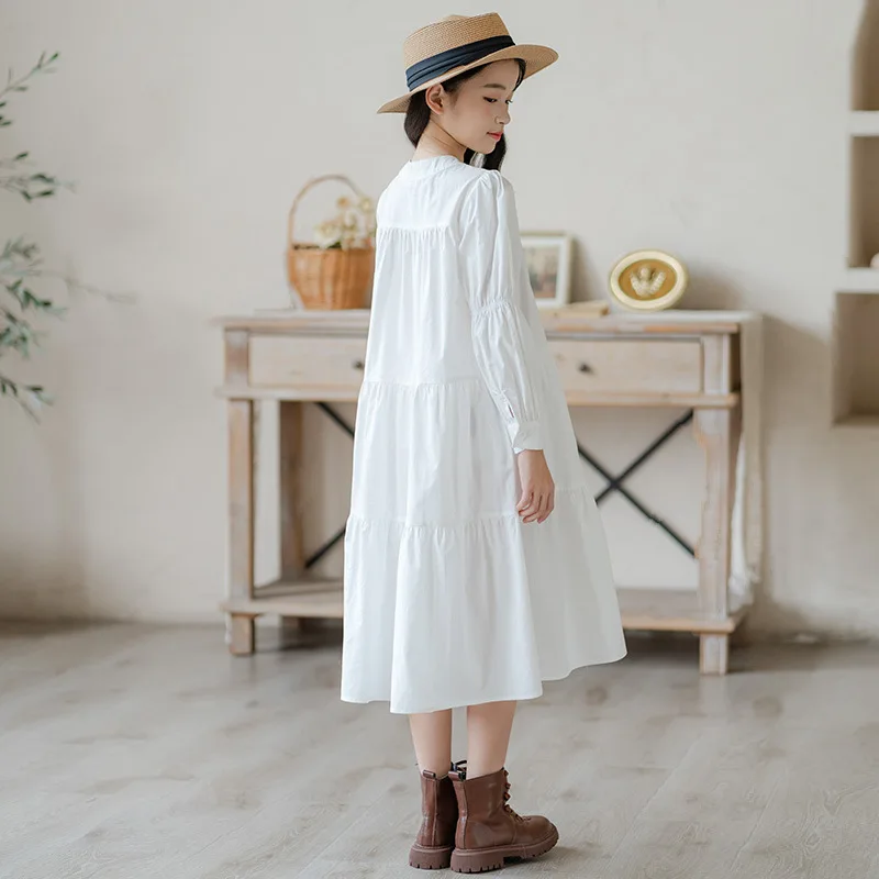 قميص شتوي وخريفي لعام 2025 فستان أبيض للأطفال لحفلات الأطفال الأميرة للفتيات بأزرار طويلة بطبقات فستان للمراهقين من 4 8 إلى 10 12 14 سنة