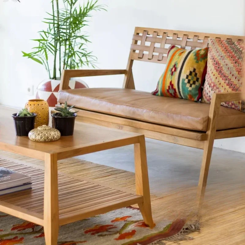 Solid teak two-seater sofa bed, open woven light walnut leather, upholstered tapped diagonal arm contemporary vintage design