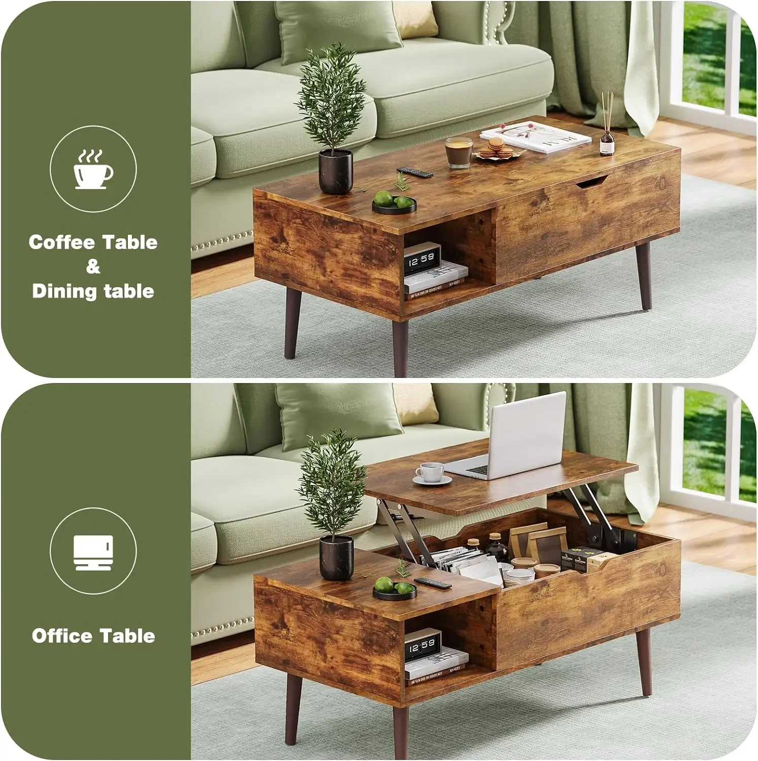 Coffee Tables, Small Coffee Table with Storage Shelf and Hidden Compartment, Modern Wood Lift Top Coffee Table for Living Room