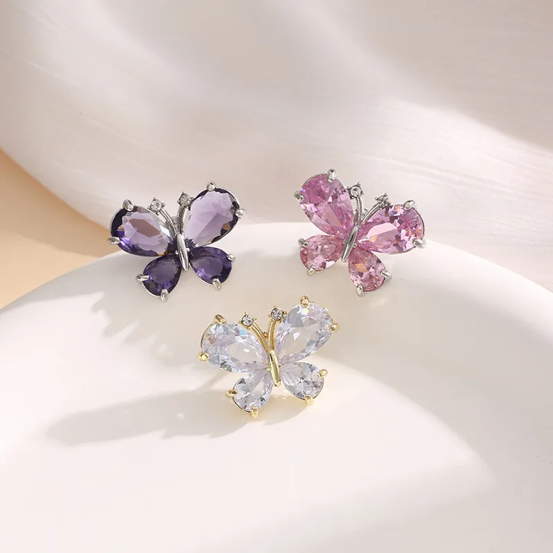 Fashion Butterfly Pink Zircon Broache for Women Jewelry Crystal Pin Shawl Button