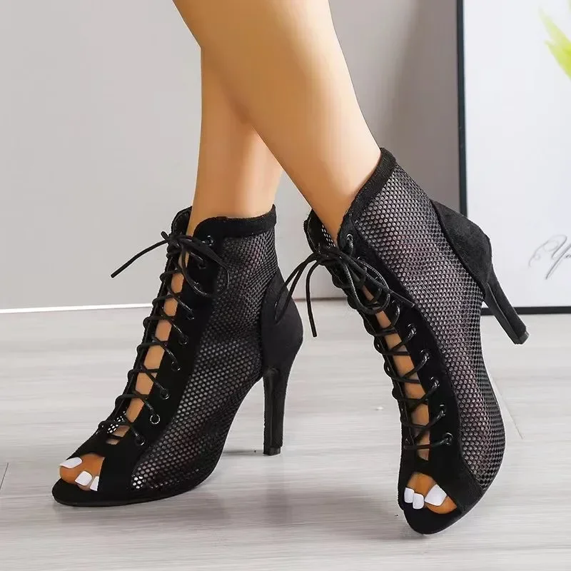 Summer New Women High Top Dance Shoes Ballroom Salsa Tango Sandals Girl Fashion Party Mesh Cutout High Heel Sandalias