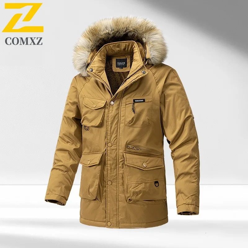 COMXZ 2025 Chaqueta larga de invierno de lana gruesa coreana para hombre estilo americano impermeable y resistente al viento abrigo deportivo de ocio al aire libre