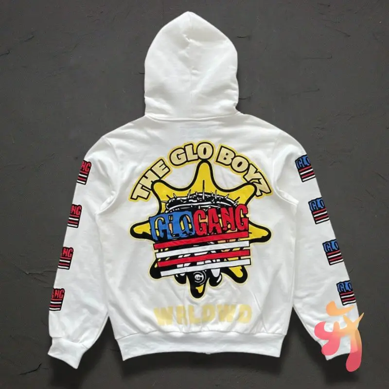 Mannen Vrouwen Glo Gang The Glory Jassen Mode Hiphop Street Cup Drank Cartoon Print Witte Rits Hoodie