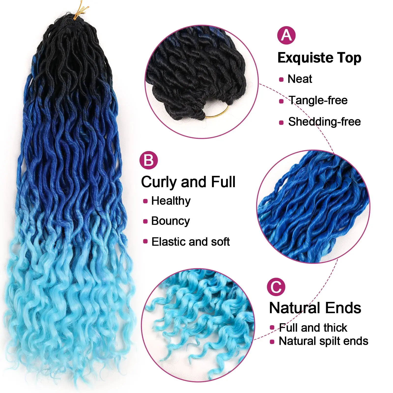 شعر كروشيه مجعد فو لوكس للنساء السود 20 بوصة شعر كروشيه آلهة جديدة مع أطراف مجعدة أومبير أزرق مموج فو لوكس سينث