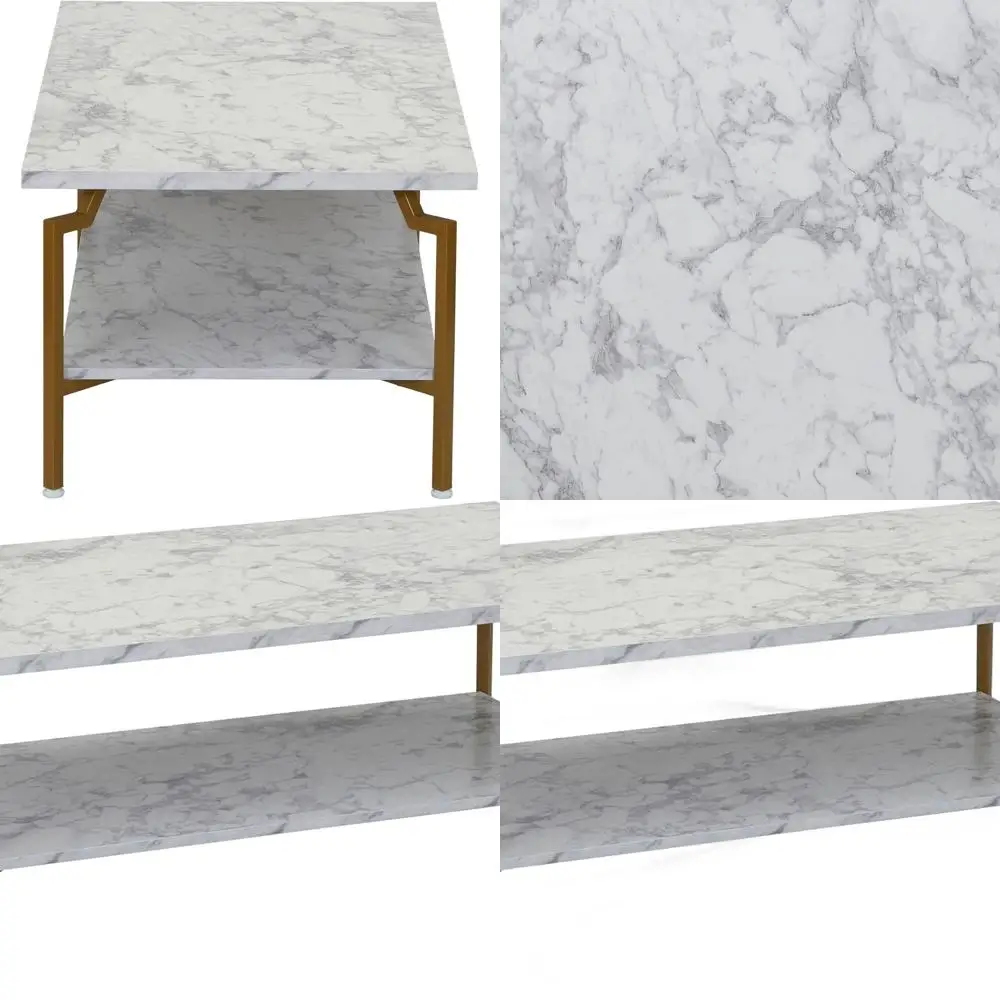 طاولة قهوة مستطيلة الشكل من الرخام الأبيض مع إطار معدني ذهبي ورف تخزين #1