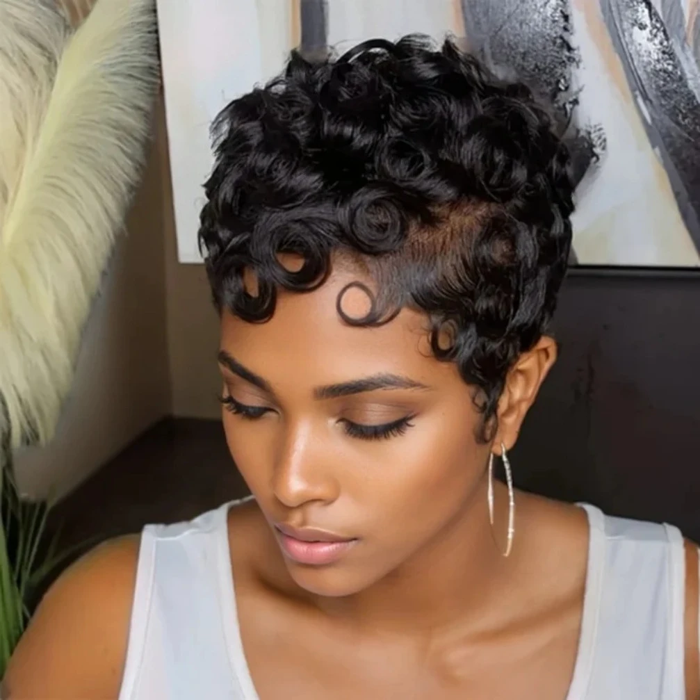 

Curly Wave Wig 13x4 Transparent Lace Frontal Wig Pixie Cut Curly Wave Human Hair Wig for Women 150% Density 6 Inch