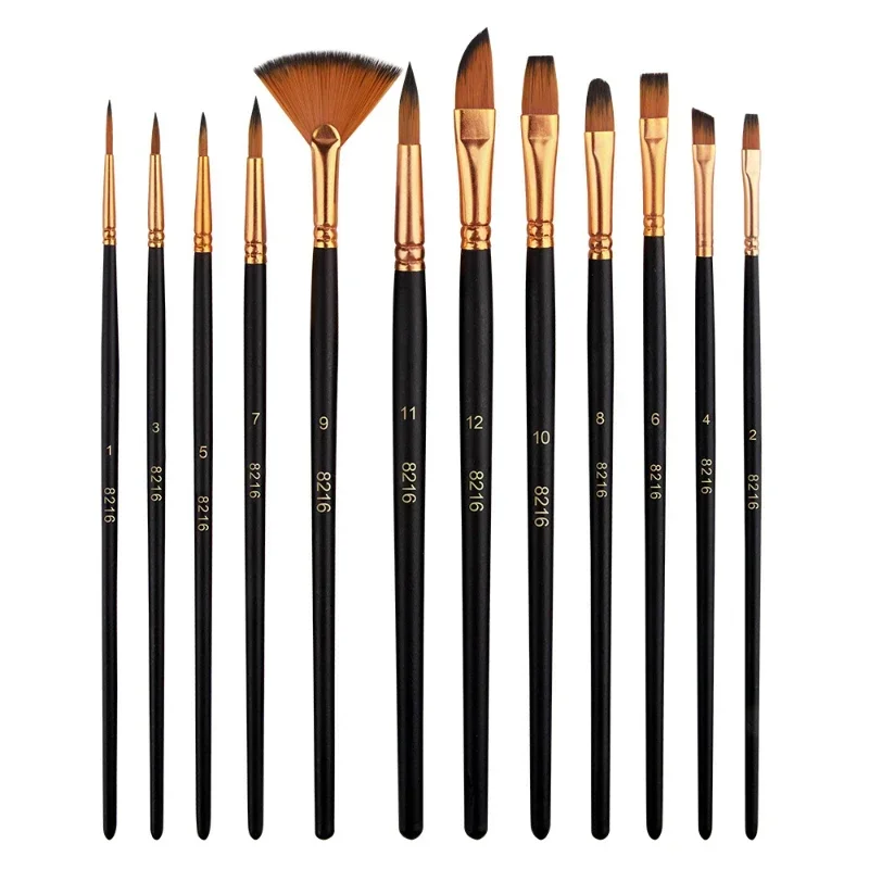 12 PCS Nylon Bristle Brush Set, Nylon Flat Brushes, Watercolor Brushes, Oil Paint, Artists, Amateur Acrylic Painting