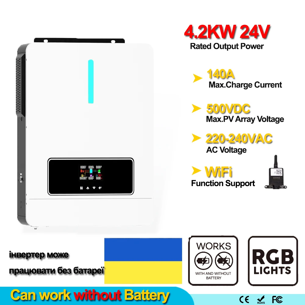 4.2KW 24V 6.2KW 48V Solar Inverter 220VAC MPPT Solar Inverter Build In 140A Solar Controller Support Work Witout Battery and BMS