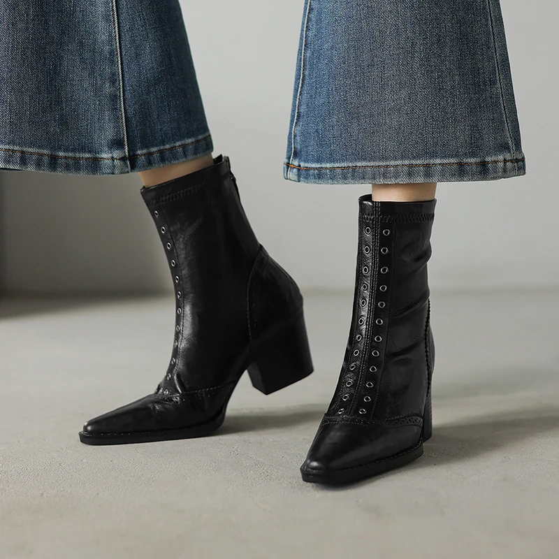 

2025 New Women Shoes Sheepskin Leather Ankle Boots Square Heel Elegant Fashion Short Shoes Woman Warm Autumn Winter Knight Boots