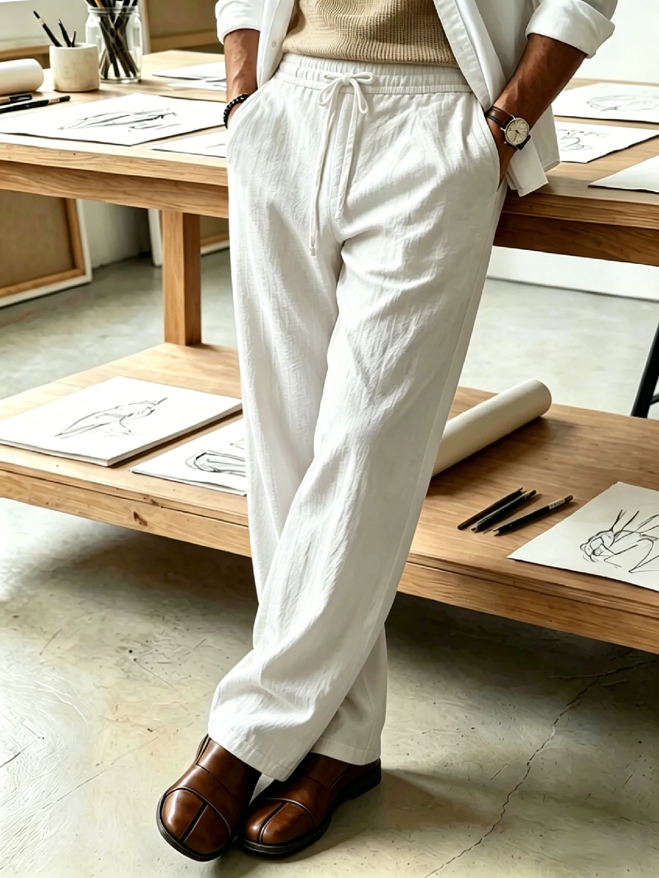 Men's Japanese Relaxed Textured Drawstring Wide Leg Pants, Breathable Wrinkle Fabric, Side Pockets, Loose Straight Fit for Commu