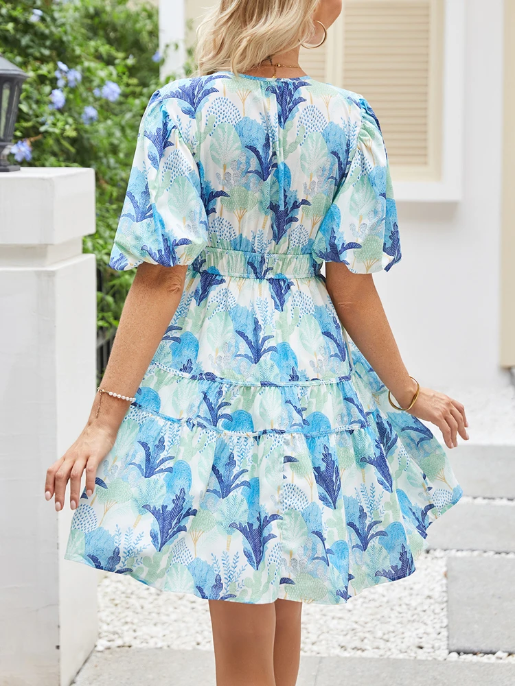 Neues Sommerkleid für Damen, bequem und locker geschnitten, mit kurzem Arm, elegantem V-Ausschnitt und modischem Print. – Detail 13