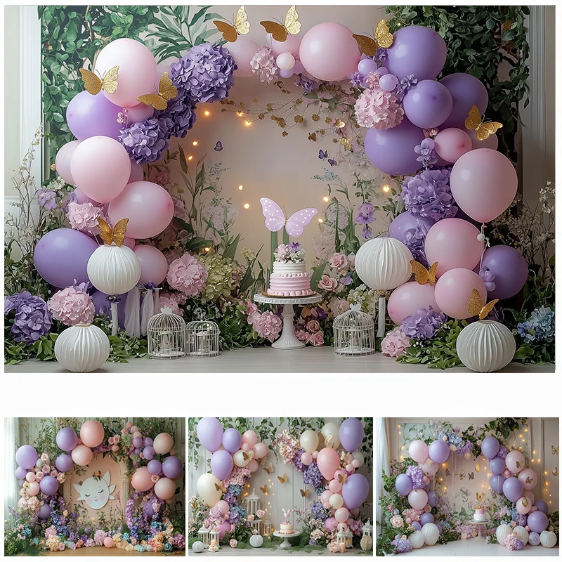 

LS Photography Backgrounds Indoor Arch Balloon Floral Butterfly Decor Baby Shower Cake Smash Kids Portrait Photo Backdrop Studio