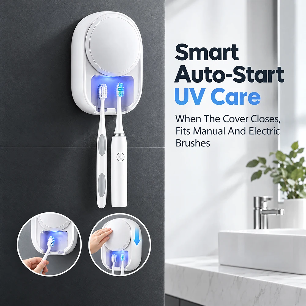 Wall Mounted Toothbrush Cleaner, UV Holder with Fan Drying and Auto Sensing Lid, 120 Uses per Charge, 1800mAh Battery, White