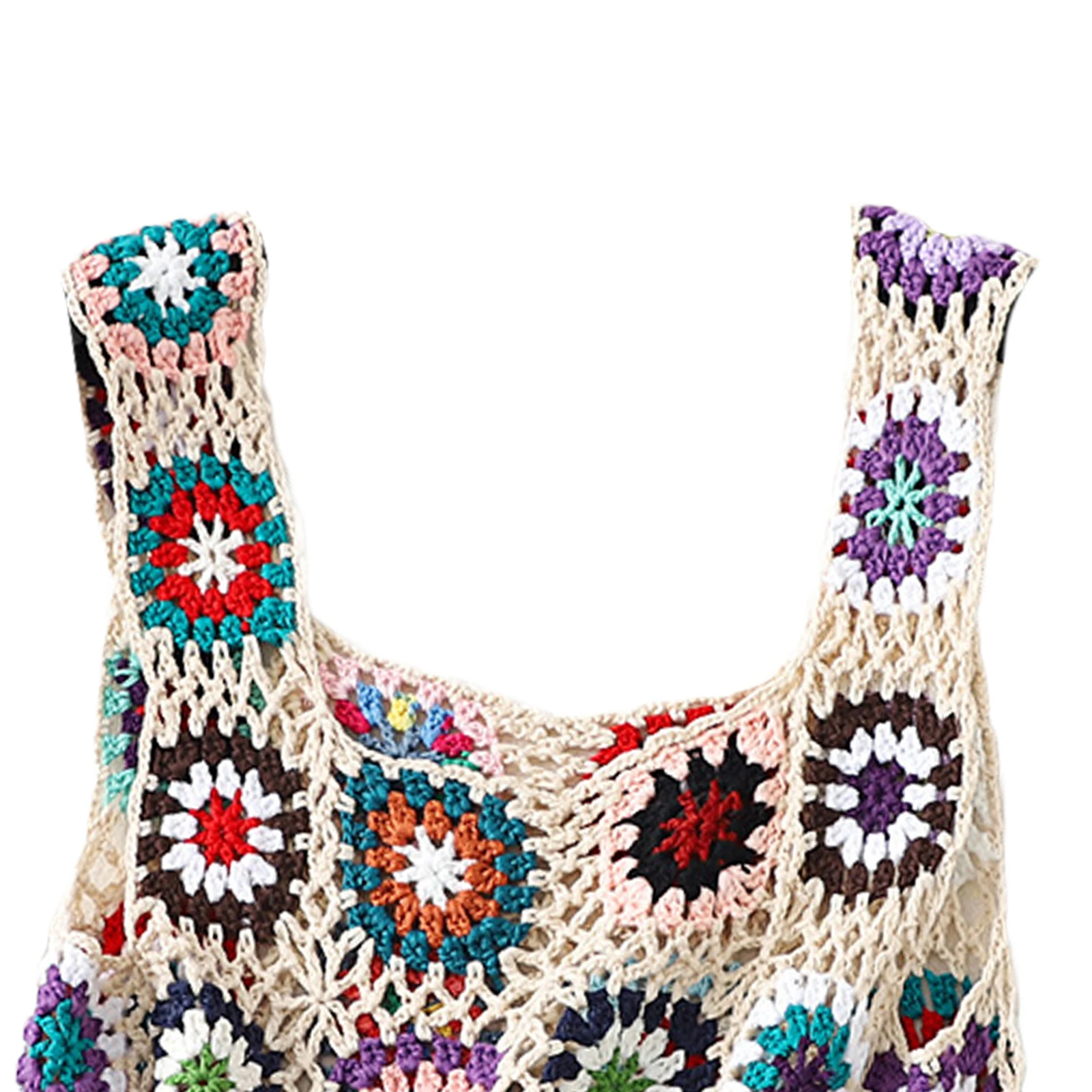 Women Boho Style Sleeveless Tops with Vibrant Hand Crochet Embroidery and Openwork Knit Design