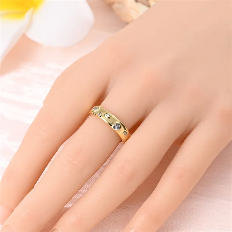 Fine Round Golden 100% 925 Sterling Silver Ring women's Simple zircone Wedding Band lover's Couple Gift Betrothal Jewelry