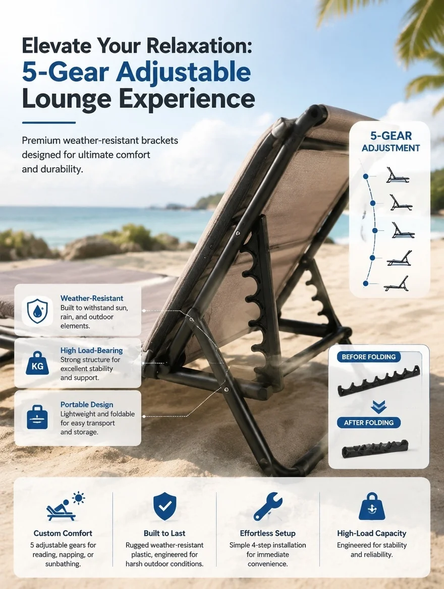 4Pcs Outdoor Folding Lounge Chair Connector – 5-Gear Adjustable Back Support Buckle for Patio, Garden, Balcony