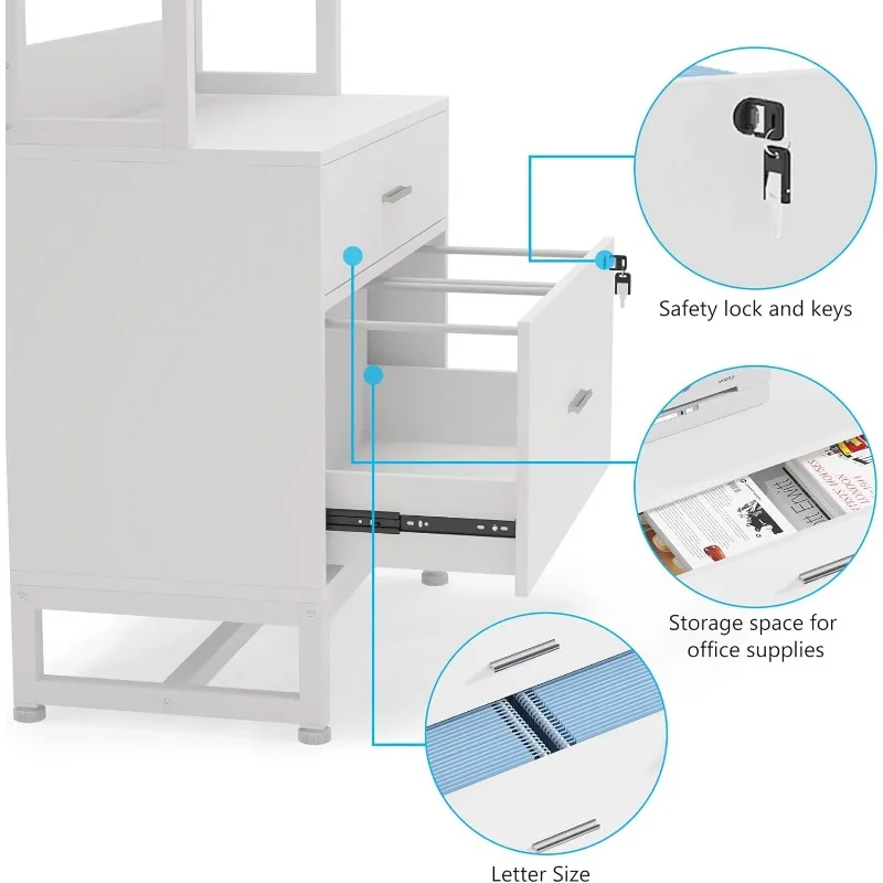 2 drawer vertical file cabinet with lock and bookshelf, letter size large modern file cabinet printer stand, open storage rack